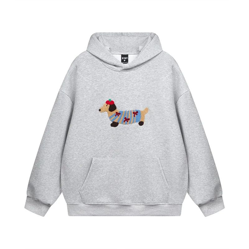 Cozy Pup Hoodie, in Blau Marine, met geborduurde teckel in een Colorrijke trui, perfect voor koude winterdagen en feestelijke momenten