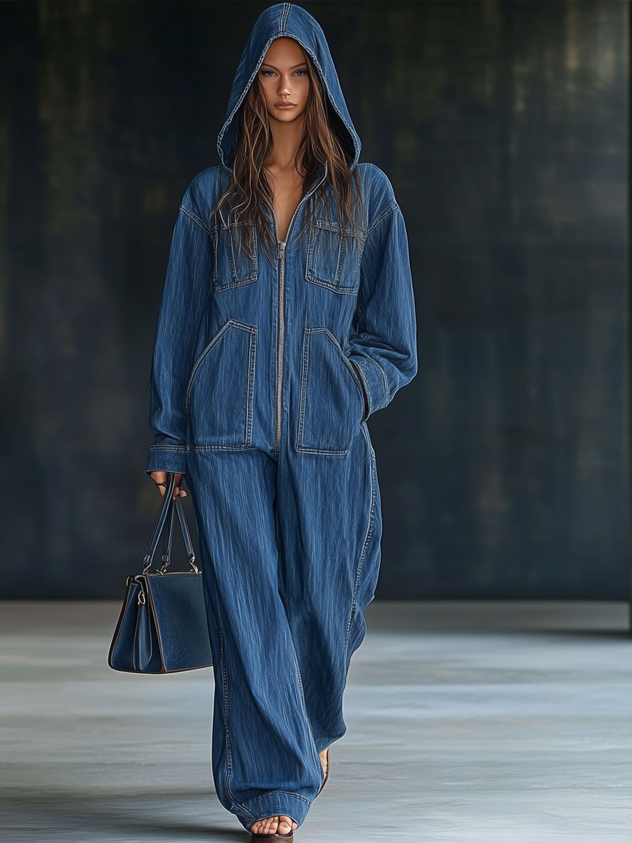 Maja – Lockerer Denim-Hoodie-Jumpsuit für Damen