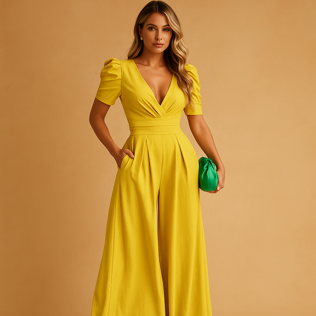 Adriana - Damen Jumpsuit mit Puffärmeln und weitem Bein