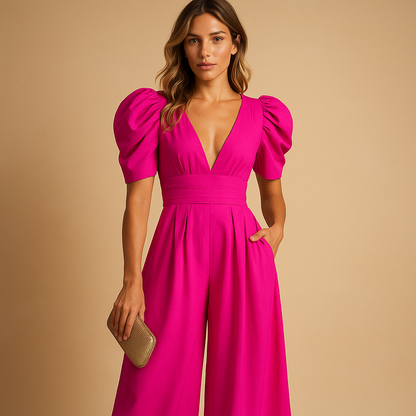Adriana - Damen Jumpsuit mit Puffärmeln und weitem Bein