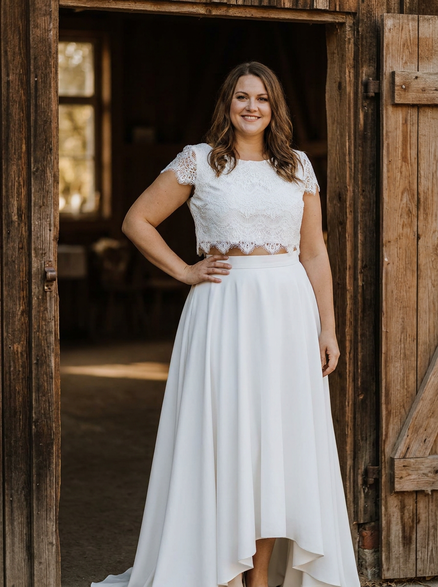 Zweiteiliges Brautkleid Marie im Lookbook – Landhochzeit in der Scheune