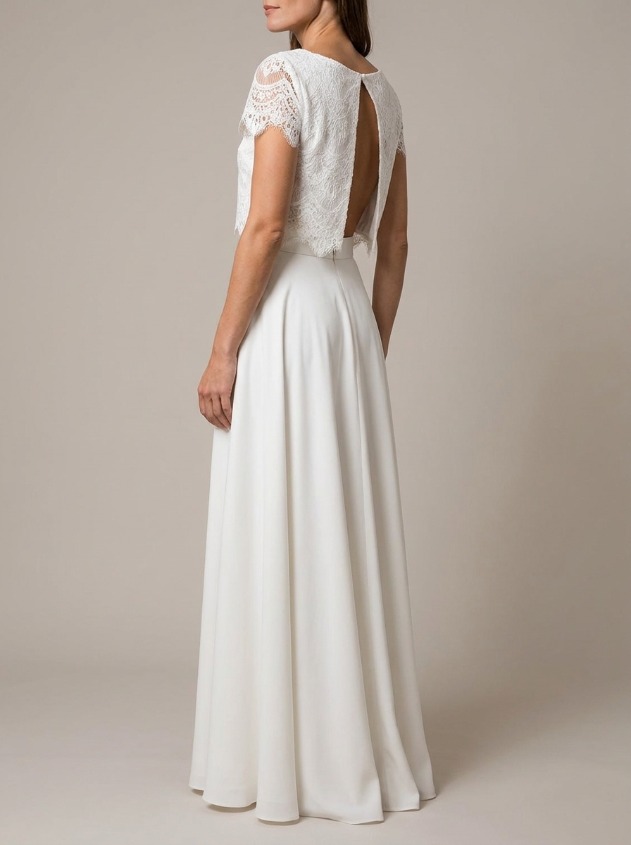 Zweiteiliges Brautkleid Marie – Studioaufnahme, Rückansicht des Spitzenoberteils