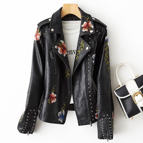 Valeria – Damen Lederjacke Mit Floralem Stickdesign