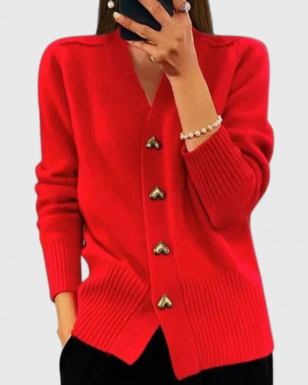 Damen Cardigan mit stilvollen herzförmigen Knöpfen und V-Ausschnitt - J&B - 5 - Annoboutique