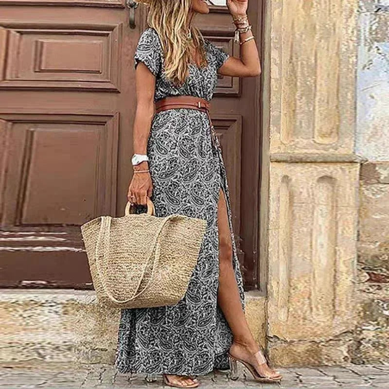 Lena –  SommerMaxikleid mit Schlitz und Taillengürtel
