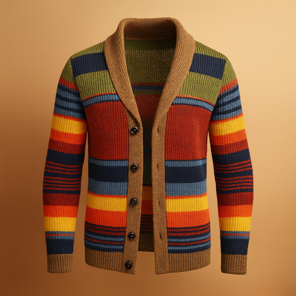 Chunky knitted vintage cardigan for men with button closure and soft warm fabric, perfect for autumn and winter casual or formal wear.