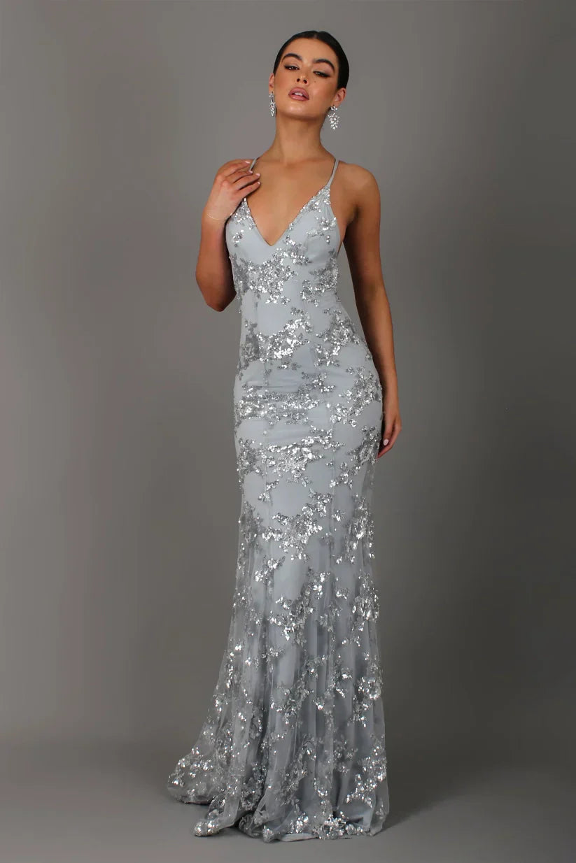 Isabella – Damen Abendkleid in Maxilänge mit Spaghettiträgern und Paillettenbesatz