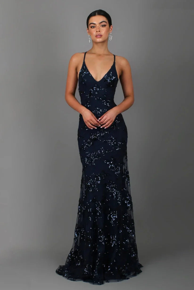 Isabella – Damen Abendkleid in Maxilänge mit Spaghettiträgern und Paillettenbesatz