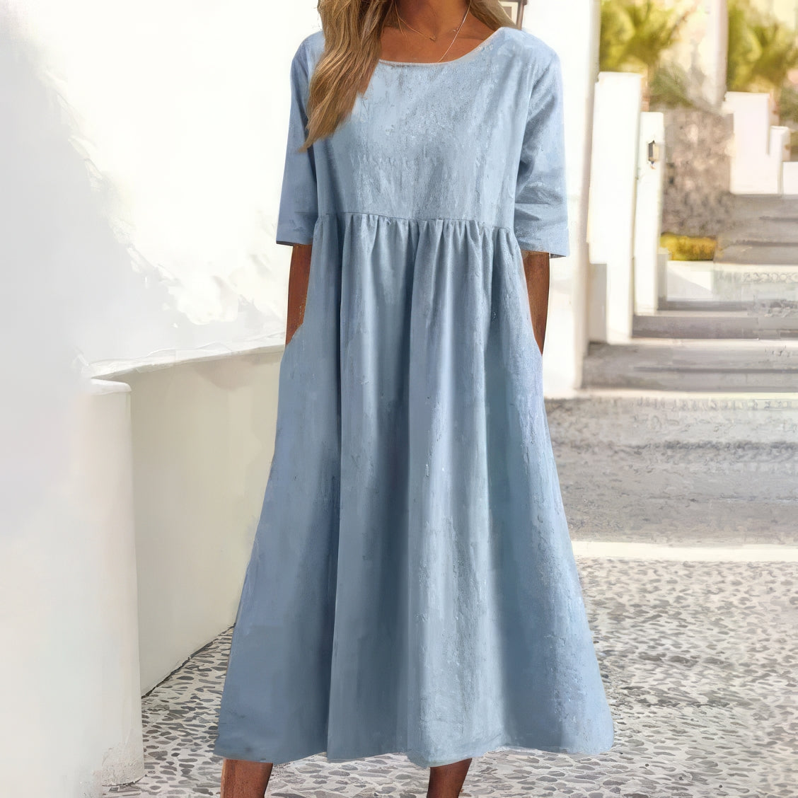 Mara – Damen Midikleid mit lockerer Passform und Rundhalsausschnitt